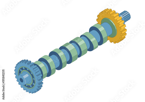 Detailed illustration of a camshaft with gears and bearings on a white background
