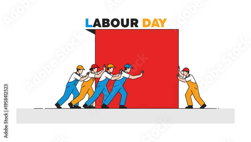 Labor Day Collective Effort: A team of dedicated workers push together a large structure, embodying the spirit of Labor Day and collective strength.