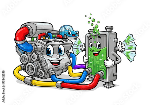 Cartoon car engine and radiator characters with green coolant and bubbles