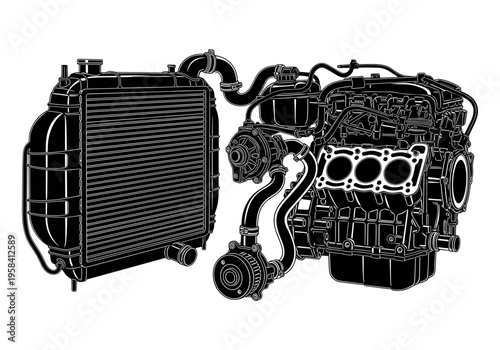 Detailed illustration of a car engine and radiator system in black and white