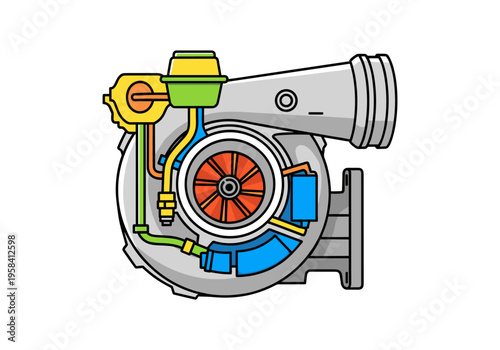 Detailed illustration of a turbocharger with colorful internal components and external piping