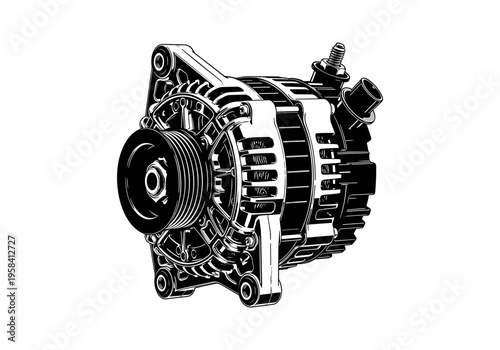Detailed illustration of a car alternator with pulley and mounting points