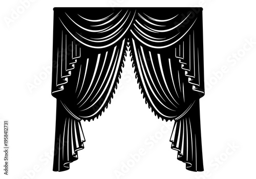 Elegant black stage curtains with decorative swags and tassels, isolated on white