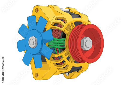 Detailed illustration of a car alternator with visible internal components and fan