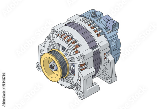 Automotive alternator with pulley and electrical connector, isolated on white background