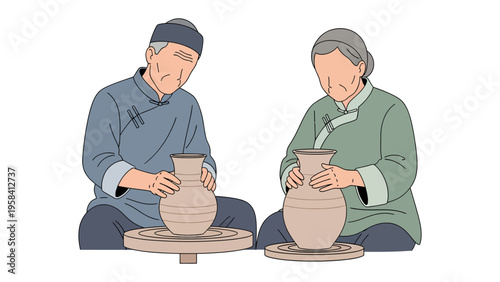 Handcrafting Tradition: A pair of elderly artisans, engaged in the timeless craft of pottery, sculpt clay with skilled hands, embodying tradition and artistry. 