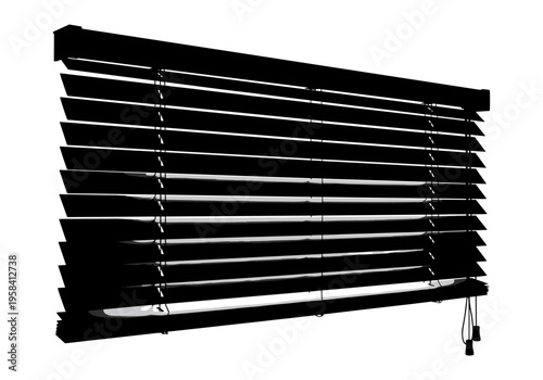 Modern black horizontal window blinds with pull cords on a white background