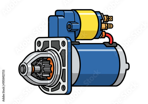 Detailed illustration of a car starter motor with visible gears and electrical connections