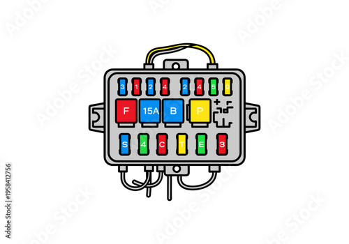 Automotive fuse box diagram with color-coded fuses and labels