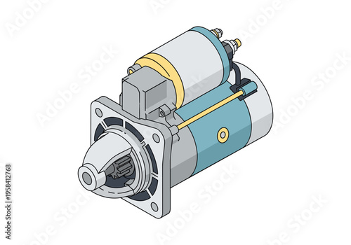 Automotive starter motor illustration with detailed internal components and external wiring