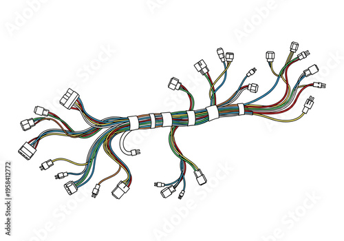Complex electrical wiring harness with multiple connectors and color-coded wires
