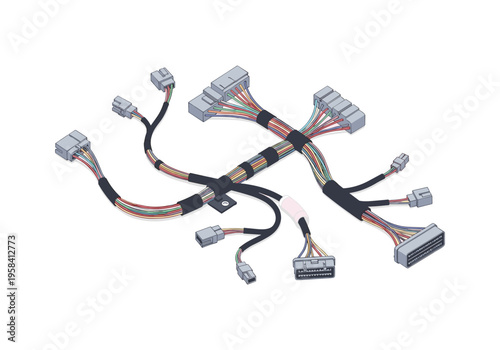 Complex electrical wiring harness with multiple connectors and colorful wires