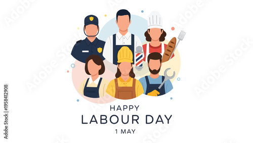 Labor Day Workforce: A group of working people from different professions is gathered together for a happy labor day celebration.