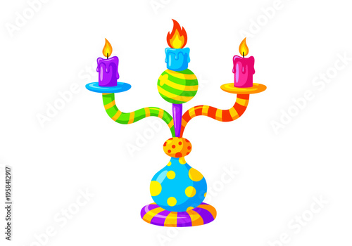 Whimsical candelabra with colorful striped candles and polka dot base