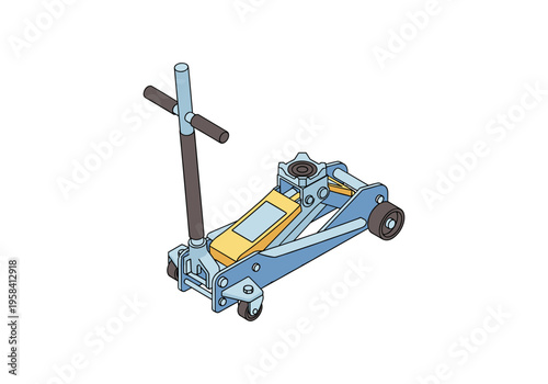 Blue hydraulic floor jack with yellow saddle and black handle on white background