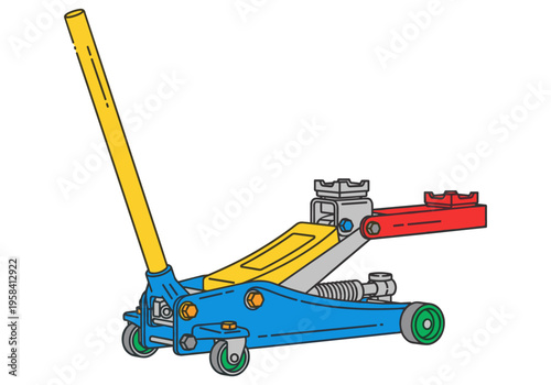 Colorful hydraulic floor jack with yellow handle and blue base on white background