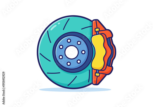 Cartoon illustration of a car's brake disc and caliper system