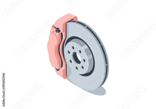 Close-up isometric view of a car's brake rotor and caliper assembly