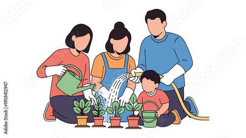 Gardening Harmony: A family joins in a gardening activity with great passion, nurturing life and creating a serene scene.