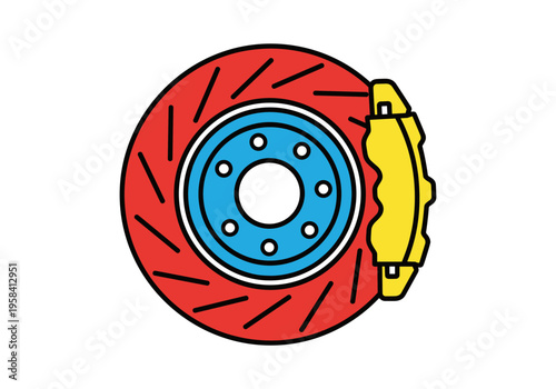 Stylized illustration of a high-performance car brake system with red rotor and yellow caliper