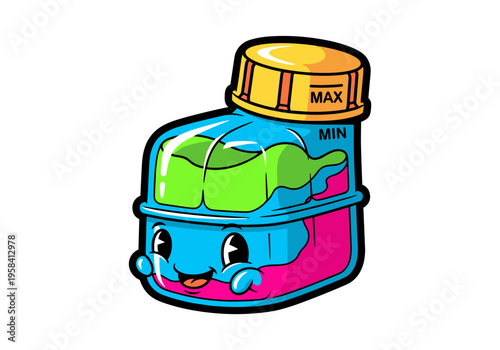 Cute cartoon coolant reservoir character with max and min level indicators