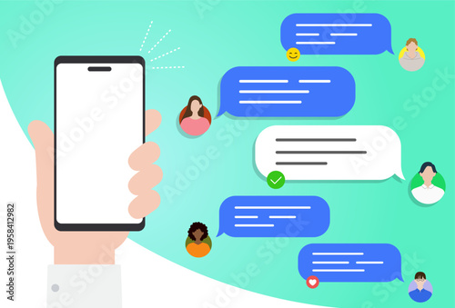 オンラインでの人々のウェブコミュニケーションとスマートフォンを持つ手