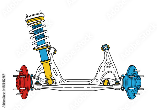 Automotive suspension system diagram with colorful components and clear line art illustration