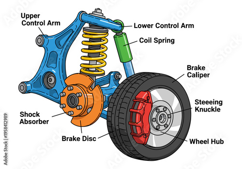 Detailed illustration of a car's front suspension and braking system components
