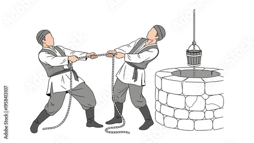 Collective Effort at the Well: Two figures in classic attire work together to draw a bucket of water from a traditional well, capturing teamwork, tradition, and shared effort.