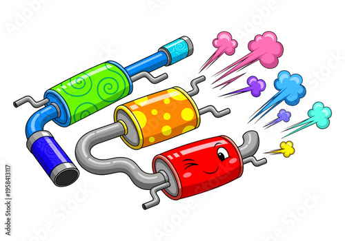 Three colorful cartoon mufflers with faces and exhaust fumes