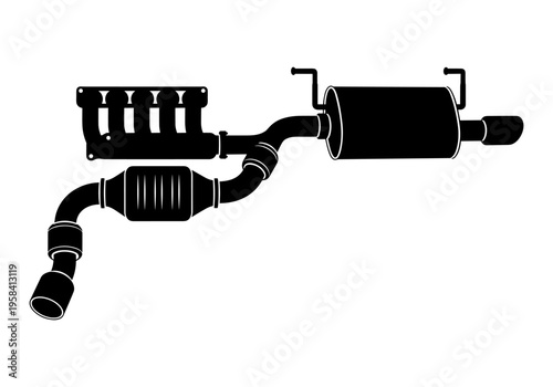 Automotive exhaust system components including manifold, catalytic converter, and muffler