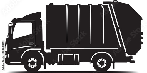 Vector garbage truck silhouette, black and white illustration
