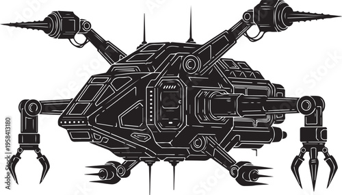 Vector robotic drone illustration with claws and spikes