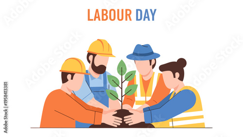 Labor Day Celebration: A group of construction workers, united in solidarity, hold up a banner proudly proclaiming Labor Day, honoring the hard work and dedication of the workforce.