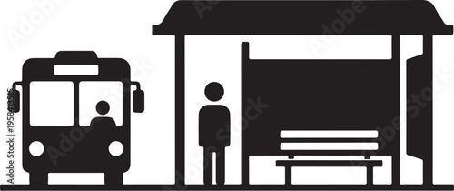 Vector illustration of bus stop with person and bus