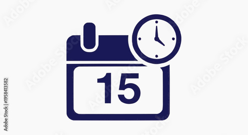 Dark blue calendar icon with the number 15 and a clock symbol, representing scheduled events, appointments, or deadlines, perfect for web design and business applications.