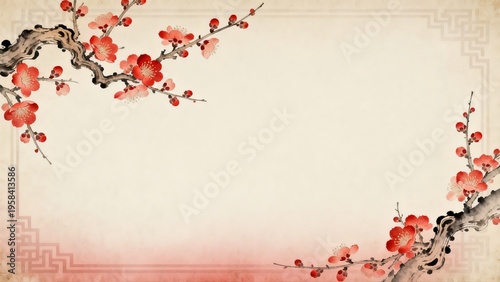 Red plum blossoms on branches