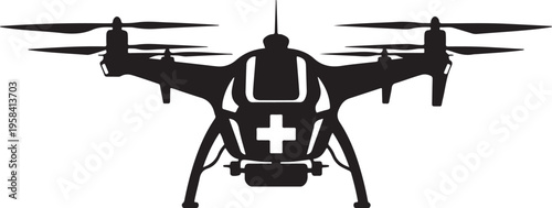 Black vector drone icon with medical cross symbol