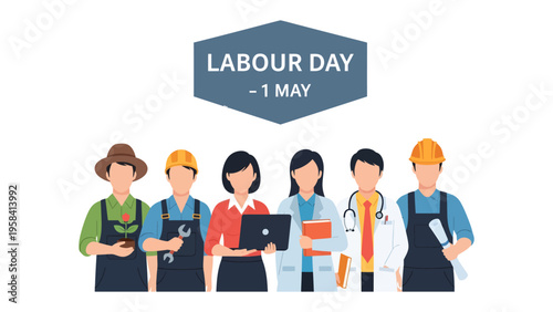 Labour Day Tribute: A depiction of a diverse range of working professionals stands united to celebrate Labour Day, representing the vital contributions of labor across various industries.