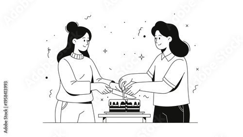 Two happy young women cutting a birthday cake with a knife. Anniversary or celebration concept illustration.