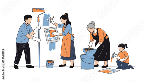 Family Home Improvement: A family engages in a creative home improvement project, each member contributing to the task, from painting to adding decorative touches.
