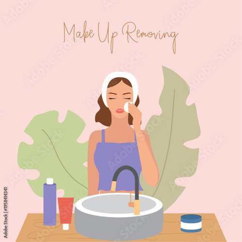 Woman is removing make up illustration skin care with cream on pink background for banners, wallpapers