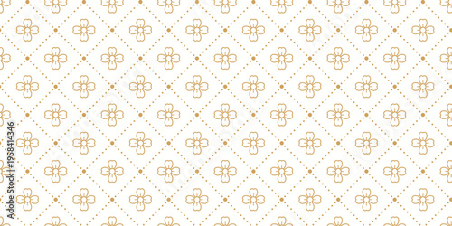 Elegant gold seamless luxury pattern with floral motifs and dotted rhombus lines on white. Perfect for premium branding.