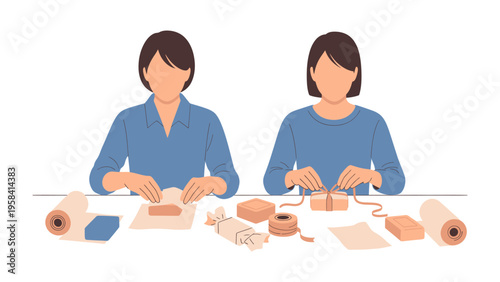 Crafting Moments: Two individuals are diligently wrapping and preparing gifts, meticulously arranging ribbons and paper to create beautifully presented packages.