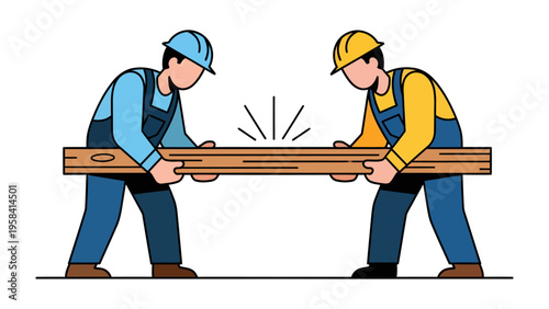 Construction Cooperation: Two construction workers working together. They wear helmets and holding wooden board.