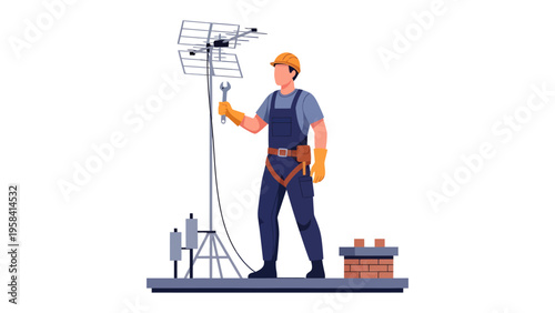 Technician Fixing Antenna: A skilled technician, equipped with tools, stands atop a structure, focused on repairing a rooftop antenna to ensure optimal signal reception. 
