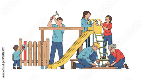 Playground Assembly: A multi-generational family works together to assemble a wooden playground set, fostering a spirit of collaboration, fun, and quality time.