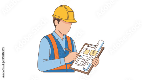 Engineer at Work: A diligent engineer, clad in a safety vest and helmet, meticulously reviews architectural plans on a clipboard, signifying a commitment to precision and meticulous planning.