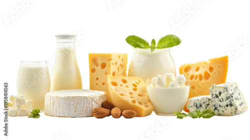 A variety of dairy products and cheese on transparent background
