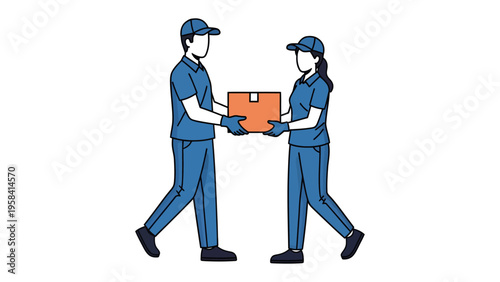 Delivery Partnership: Illustrative of a package exchange between two delivery personnel, emphasizing collaborative logistics and efficient service. 
